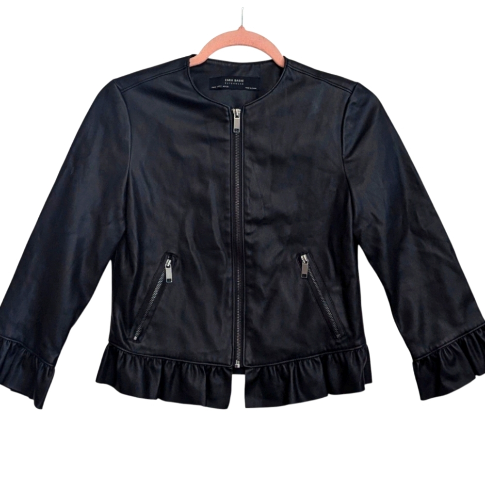 Zara Black Leather Ruffle-Hem Jacket - Picture 10 of 10